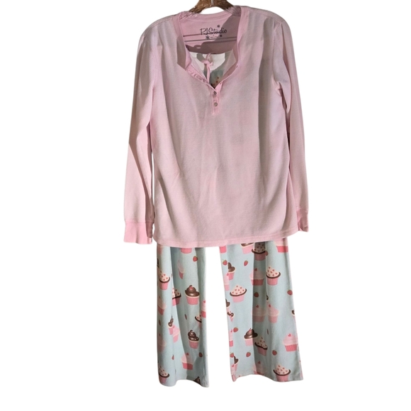 PJ Studio Pink Blue Cupcake Pajama Set Pink Top Drawstring Pants Women size L - Picture 1 of 16